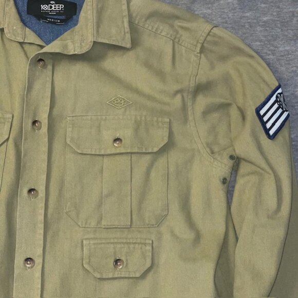 10 Deep Shirt Mens Medium M Olive Shooting Hunting Button Up Tactical Army Patch - Picture 2 of 11
